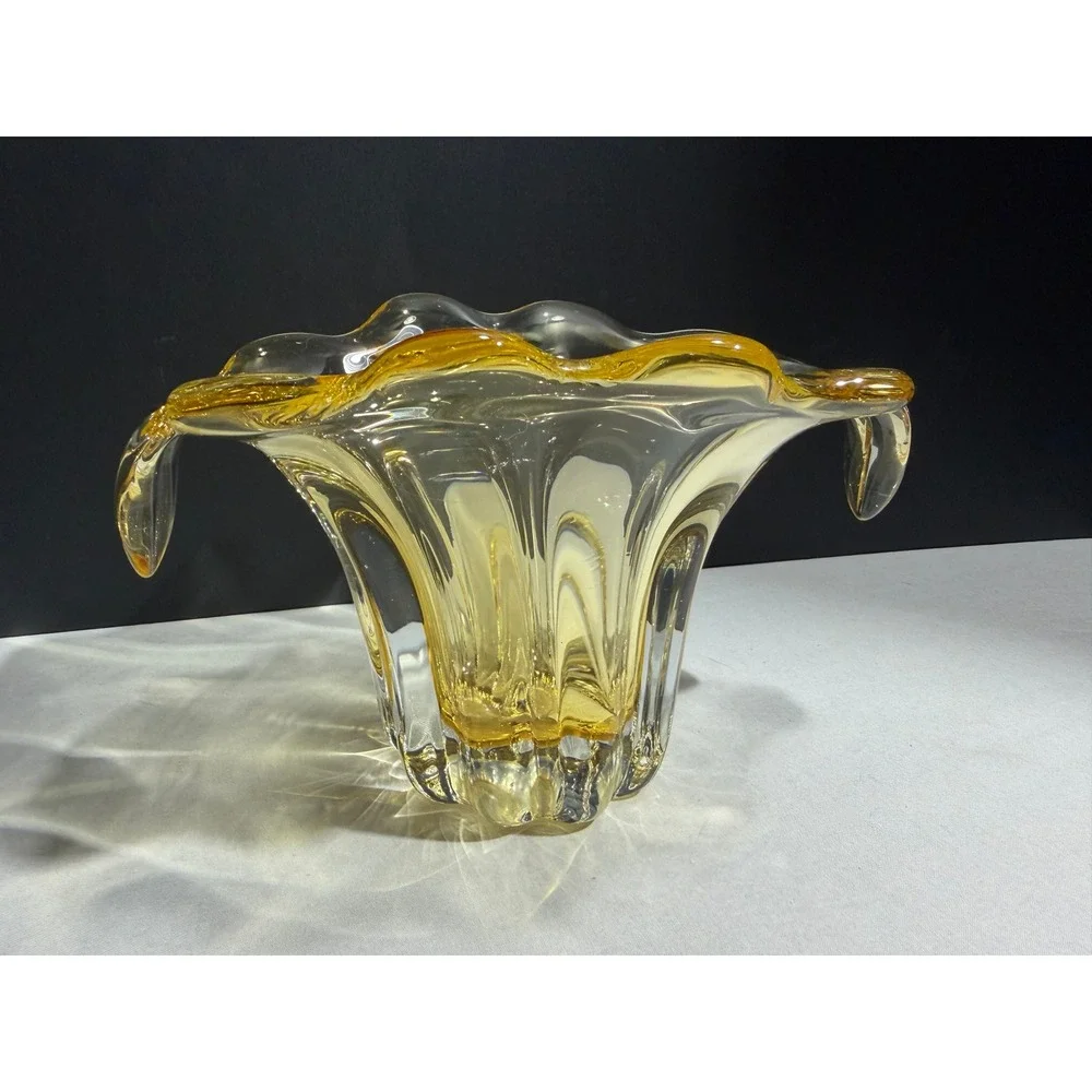 Vintage Murano Style Amber Yellow Sommerso Art Glass Flared Ribbed Vase